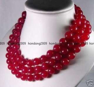 Charming 3 rows 8MM Red Ruby Gemstone Necklace  