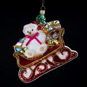  White Teddy Bear in Sleigh Polonaise Christmas Ornament 5 