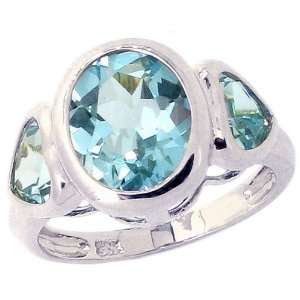  14K White Gold Oval and Heart Three Stone Ring Sky Blue 