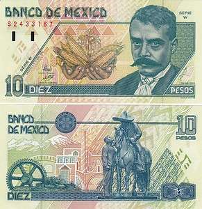 Banco de Mexico $ 10 Pesos Emiliano Zapata May 10, 1996 UNC S2433167 