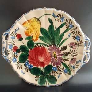 Hand Painted Floral Ceramic Handled Cake Plate Italy  