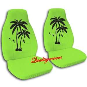 2 lime green car seat covers with black palm trees for a 
