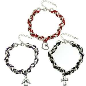 Set of 3 CZ Charm Bracelets with Interwoven Cord   Red Cord with Heart 