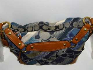 COACH Blue Denim Carly Patchwork & Whiskey Brown Leather Shoulder Bag 