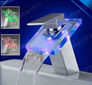 Single Handle Chrome Color Changing LED Waterfall Bathroom Sink Faucet 