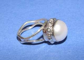 New huge genuine pearl solitaire, sterling silver ring sz 7 1/4 marked 