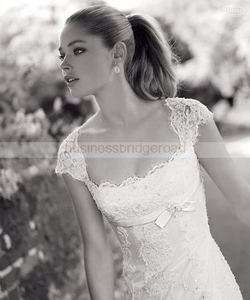  mermaid lace short sleeve wedding dress bridal gown bow sash Custom