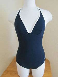 Nautica Womans sz 12 Navy Ribbed One Piece Halter Swimsuit Worn Once 