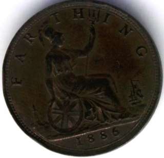 GREAT BRITAIN UK COIN FARTHING 1886 AU  