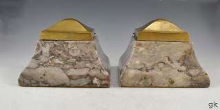 Pyramid Marble Inkwells Brass Hinged Lid Early 1900s  