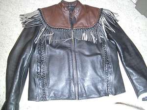 HARLEY WILLIE G BLACK AND BROWN LEATHER 2 TWO TONE JACKET COAT FRINGE 