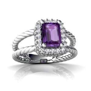   White Gold Emerald cut Genuine Amethyst Rope Ring Size 5.5 Jewelry