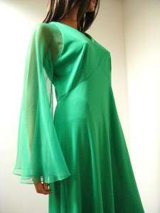 Vintage 70s Long Lime Green Chiffon Bell Sleeve Disco Dress Costume L 