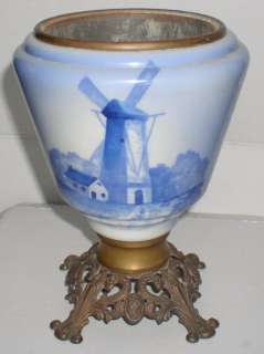 Antique GWTW Banquet Oil Lamp Base Dutch Windmill Blue Delft  