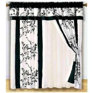 Panel Beige and Black Asian Bamboo Floral Window Curtain / Drape Set 