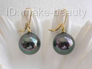 stunning big 16mm round black south sea shell pearls dangle earrings 