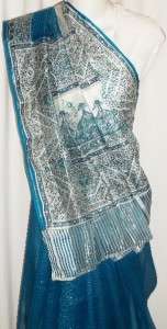 Blue Cream Silk Sari Indian Saree Fabric Costume Belly Dance Bollywood 