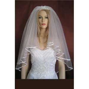   Tier Ivory Fingertip Length 6mm Satin Ribbon Trim Wedding Bridal Veil