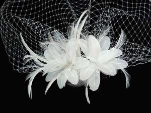 Bridal Cage Veil w/ Flower & Feather Fascinator    WHITE or IVORY 