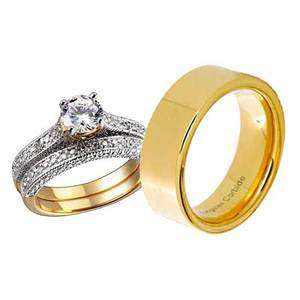 His Hers 3 pcs Mens Womens Cubic Zirconia Gold EP Tungsten Wedding 