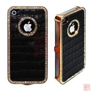 Luxury Bling Diamond Black Leathe Case Cover For iPhone 4 4S 4G 