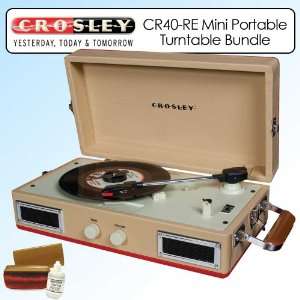  Crosley CR40 RE Mini Portable Turntable Red/Tan Bundle 