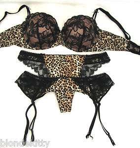   Secret Angel Love Leopard Black Lace Push Up Bra Thong Garter Belt