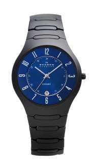 Mens Skagen Slim Blue Dial Black Ceramic Bracelet Date Watch 817LBXNC 