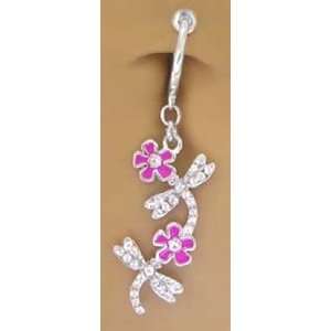  Fake Belly Navel Non Clip on Pink Flowers Cz Dragonflys 