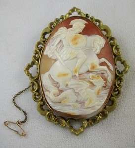 VICTORIAN LARGE GOLD HEBE SLAYING DRAGON CAMEO BROOCH  