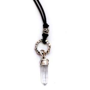 Chan Luu Clear Quartz Pendant and Silver Necklace on Black Leather