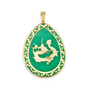  14k Yellow Gold Green Jade Chinese Dragon Pendant: Jewelry