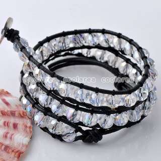   Fashion STYLE Crystal Glass Beads Black Leather 2 Wrap Bracelet New