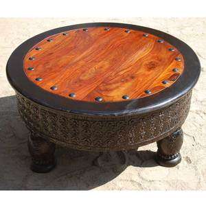   Carved Round Coffee Table Living Room Furniture w Wrought Iron  
