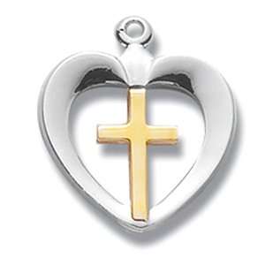   Two Tone Open Heart with Cross Center   18 Chain  Gift Boxed Jewelry