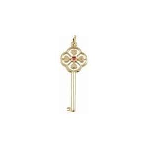    Large Key with Red Heart Center Charm in Yellow Gold Jewelry