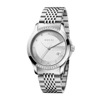 Gucci Mens YA126407 G Timeless Medium Diamond Silver Dial Steel Watch 