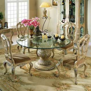 5Pc Antiqued White Round Glass Table wChairs Dining Set  