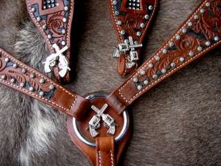 BRIDLE BREAST COLLAR WESTERN LEATHER HEADSTALL TACK CROSS GUN CRYSTALS 