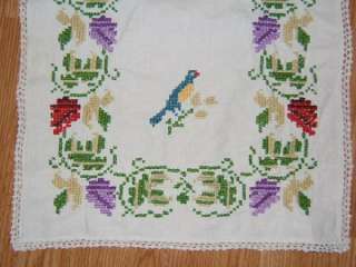   Antique Hand Embroidered & Crocheted Cotton & Linen TABLE RUNNER 40X17