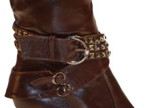   DRESSY BROWN STUDDED BUCKLE BELTS SLOUCH HIGH HEEL BOOTS  