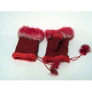  Red fingerless fur gloves pair 
